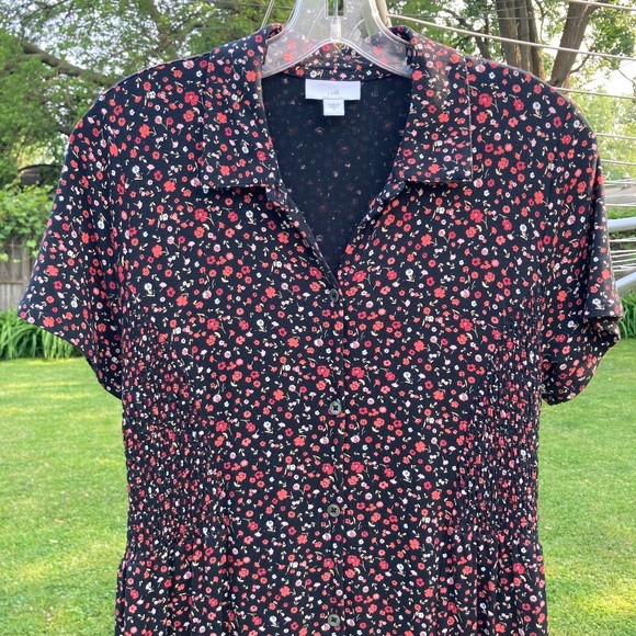 NWOT Long Black Ditsy Floral J JILL Smocked Shirt Dress - Picture 4 of 7